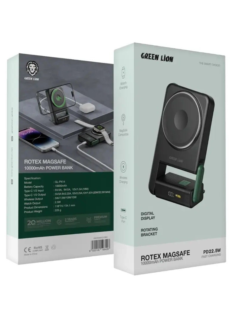 GREEN LION Rotex Magsafe 10000mAh Wireless Power Bank, Compatible With MagSafe, PD 22.5W Fast Charging, Rotating Bracket, Digital Display, Type-C Input & Output For iPhone 16/15/14/13/12 & Apple Watch - Black - Image 3
