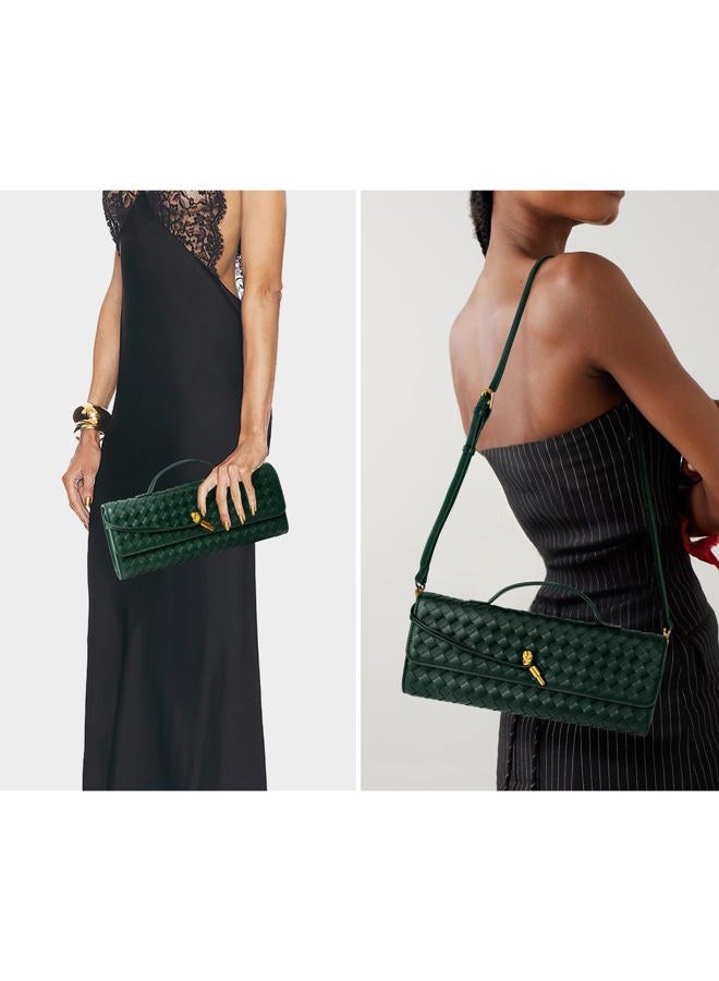 Joryin Woven Purse for Women Evening Clutch Woven Leather Handbags Crossbody Bag Formal Evening Bag, Emerald Green Woven Leather, 1.7" x 12.2" x 5.1" - Image 2