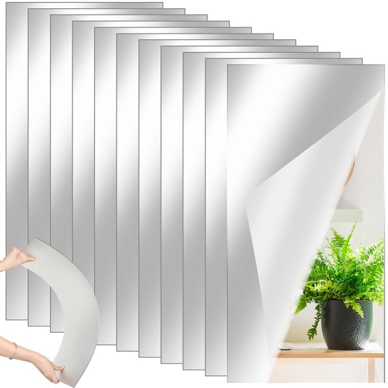 Queekay Queekay 10 Pcs Home Gym Mirrors 12 x 24 Acrylic Wall Mirror Tiles 2mm Thick Self Adhesive Mirror Sheets Frameless Wall Mounted Mirror Stickers Decor for Workout Bedroom Ceiling 