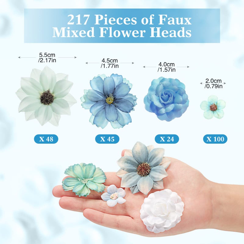 Cindeer 217 Pieces Flower Mini Silk Heads Fake Rose Daisy Faux Flowers for Crafts Rose Flowers Plum Blossom Heads Sunflower Daisy Wedding Decoration for Halloween Home Wedding  2-4 cm (Blue Series) - Image 2