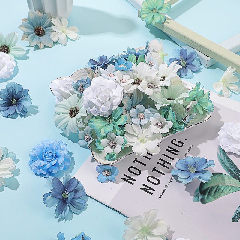 Cindeer 217 Pieces Flower Mini Silk Heads Fake Rose Daisy Faux Flowers for Crafts Rose Flowers Plum Blossom Heads Sunflower Daisy Wedding Decoration for Halloween Home Wedding  2-4 cm (Blue Series) - Image 3