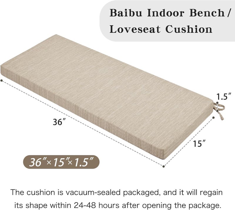 BAIBU 36 Inch Non-Slip Indoor Outdoor Bench Cushion with Ties, Classic Solid Color Rectangle Bench Seat Cushion Standard Size Foam Pad with Machine Washable Cover (Beige, 36x15x1.5in) - Image 2