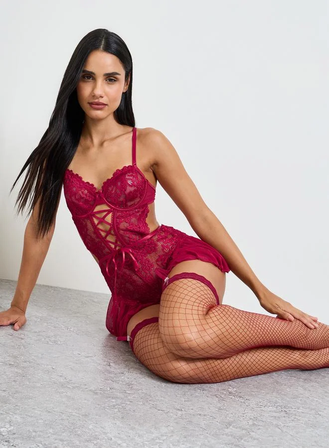 تايك تو Burgundy Lace Bodysuit And Fishnet Stocking Set