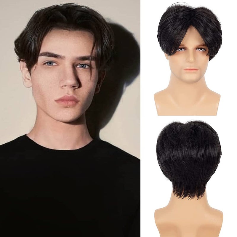 Black Short Wigs for Men Straight Layered Natural Middle Part Hair Heat Resistant Halloween Synthetic Wigs for Daily Cosplay UseBlack