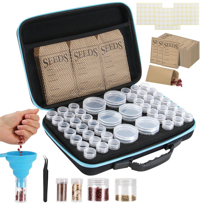 hasumcol 48 Slots Seed Storage Organizer Box, Garden Vegetable Plant Flower Seeds Saving kit with Write Label Funnel Tweezer 2 Sizes Storage Bottles - Image 1