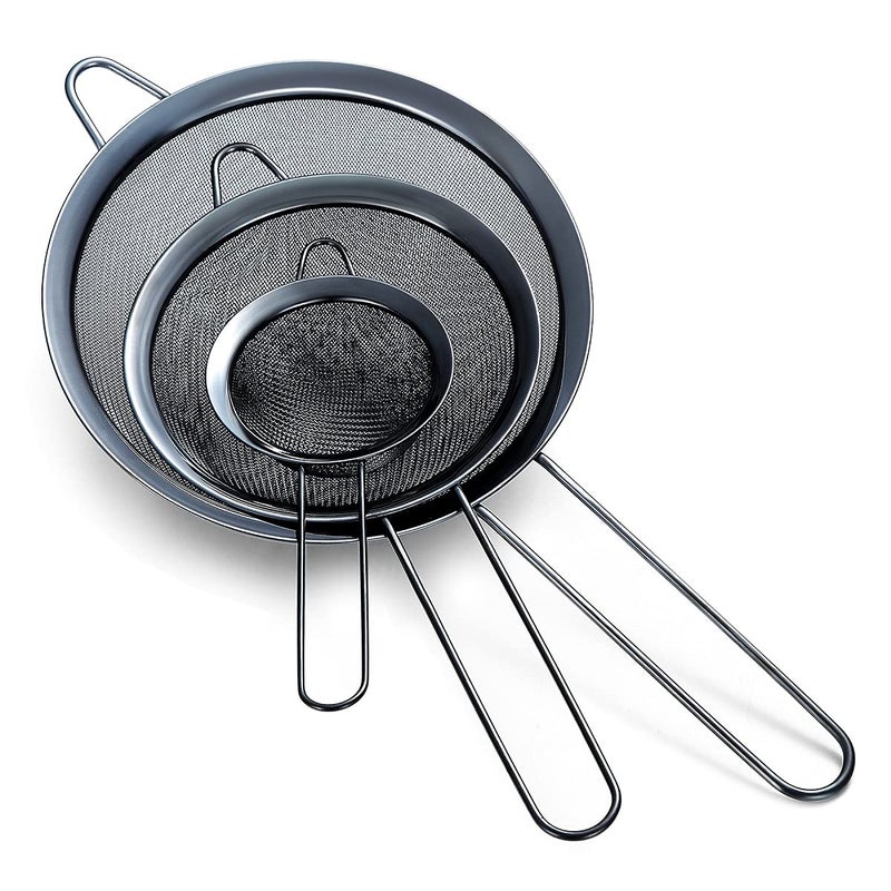 HOMQUEN KitchenCraft 3Piece Stainless Steel Sieve Set Black Fine Mesh Strainer Mesh Tea Strainer Gravy Separator 