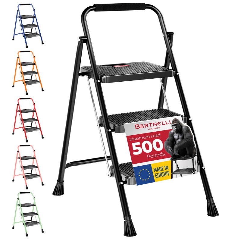 Bartnelli Pro Luxury Step Ladder  European Made 3 Step Foldable Step Stool for Home  RockSolid 500 lb CapacityBuilt to Last with HighestGrade Sturdy Steel ConstructionSoft Handle AntiSlip Feet