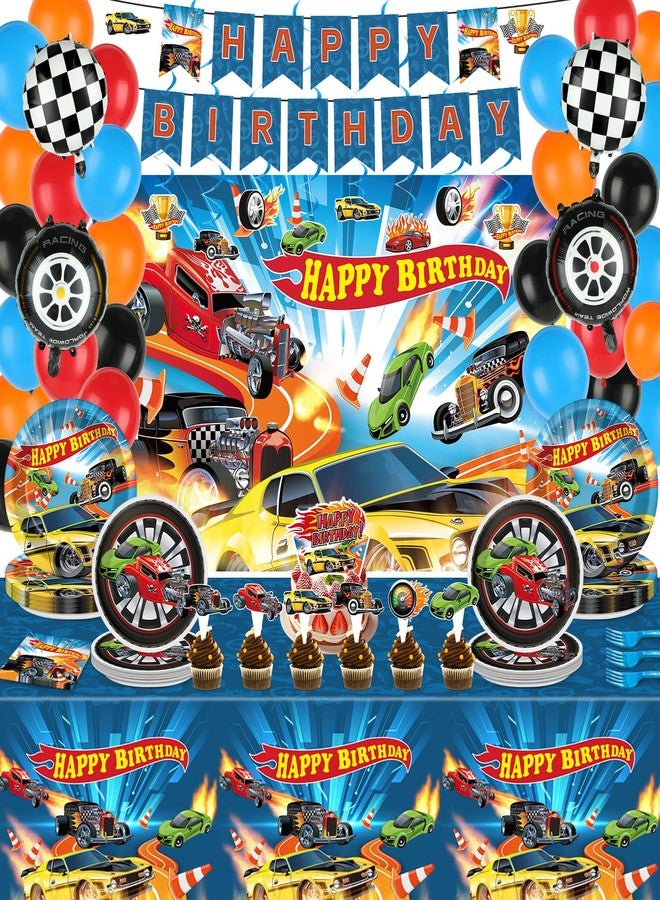 تفكس جيه مجموعة أدوات مائدة لحفلات أعياد الميلاد بتصميم سيارات السباق، تتضمن 153 قطعة: أطباق ورقية، مناديل، خلفية، مفرش طاولة، لافتة، بالون، زينة كعكة، وزينة حلزونية معلقة، مثالية للأطفال والأولاد وحفلات استقبال المولود. - Image 1