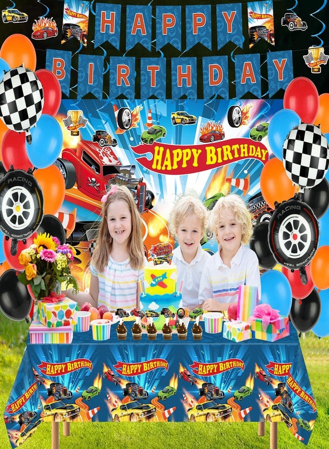 تفكس جيه مجموعة أدوات مائدة لحفلات أعياد الميلاد بتصميم سيارات السباق، تتضمن 153 قطعة: أطباق ورقية، مناديل، خلفية، مفرش طاولة، لافتة، بالون، زينة كعكة، وزينة حلزونية معلقة، مثالية للأطفال والأولاد وحفلات استقبال المولود. - Image 5
