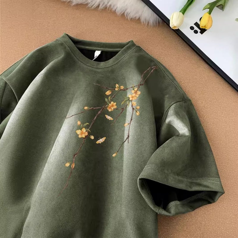 Suede Short-Sleeved T-Shirt For Men In Summer New Chinoiserie National Trend Loose Boys Half-Sleeved T-Shirt Top Clothes - Image 1