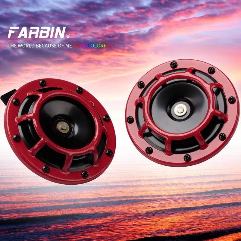 FARBIN Loud Car Horn 12v Super Tone Motorcycle Horns High Tone/Low Tone Twin Horn Kit with Protective Grill (red) - Image 2
