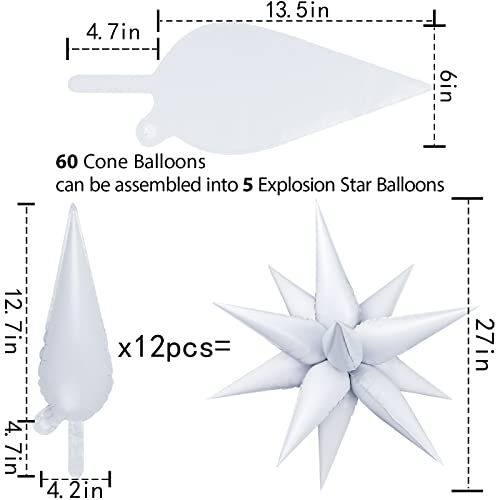 TOTAFAM 60 Pcs Star Balloons Explosion 12 Point Foil Cone Balloons Magic Balloon Large for Wedding Anniversary Backdrop Birthday Party Decorations White - Image 5