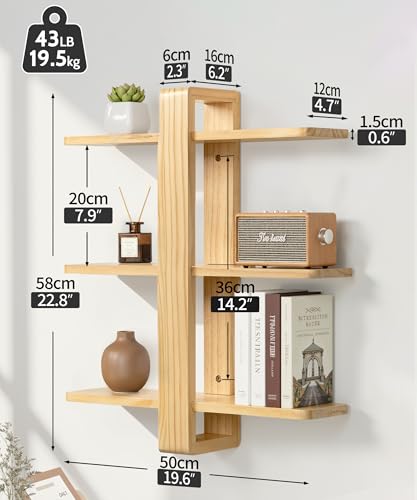 SUMGAR Floating Shelves for Wall Wood Mounted Shelving Unit All Pine Natural Wooden 3 Tier Large Shelf for Bedroom Living Room Office Bathroom Home Decoration Storage Plant Photo Display Modern 20in - Image 3