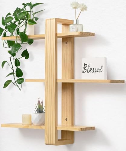 SUMGAR Floating Shelves for Wall Wood Mounted Shelving Unit All Pine Natural Wooden 3 Tier Large Shelf for Bedroom Living Room Office Bathroom Home Decoration Storage Plant Photo Display Modern 20in - Image 1