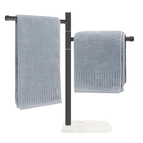 Winmien Standing Hand Towel Holder, Hand Towel Stand with Marble Base, 304 Stainless Steel Towel Rack with 2 Swivel Arm, Countertop Stand Towel Ring Towel Bar for Bathroom (Matte Black) - Image 1