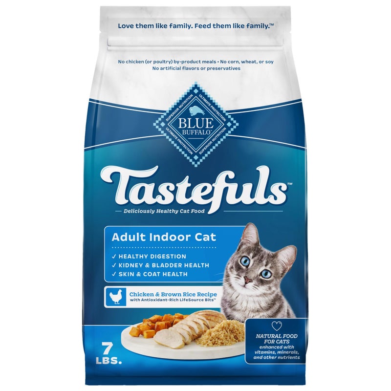 Blue Buffalo Tastefuls Natural Dry Food for Adult Indoor Cats, Chicken & Brown Rice Recipe, 7-lb. Bag - Image 1