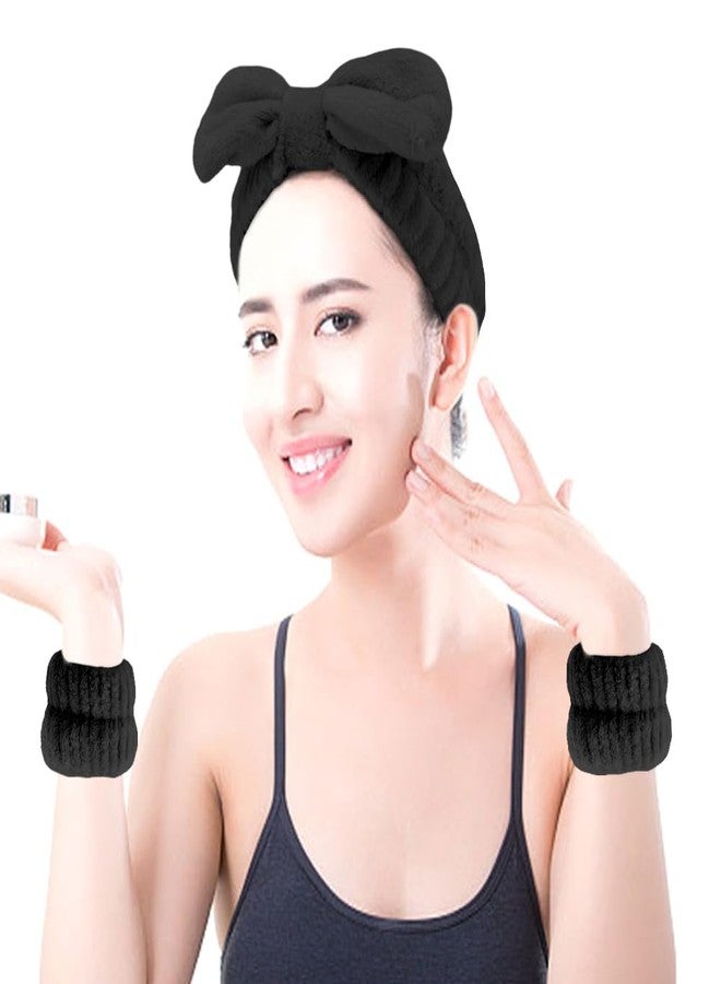 AOPRIE SPA Headbands for Washing Face Makeup Headbands with Bow Hair Band Women Facial Head Band Wrist Towel Wraps For Shower Face Mask Black, 6 Pack - Image 4