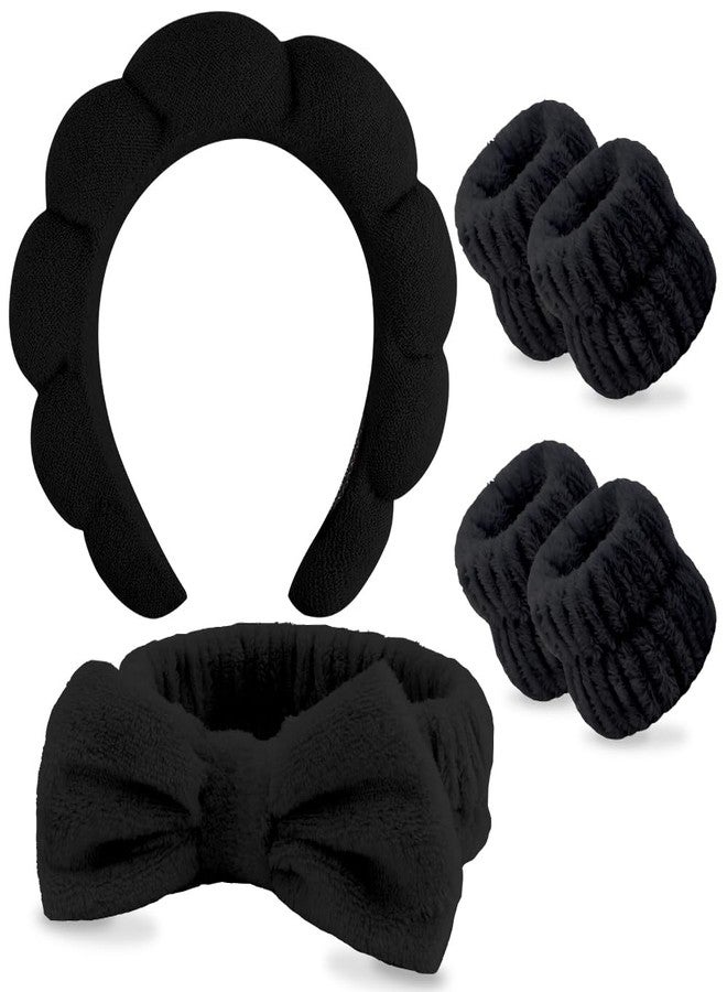AOPRIE SPA Headbands for Washing Face Makeup Headbands with Bow Hair Band Women Facial Head Band Wrist Towel Wraps For Shower Face Mask Black, 6 Pack - Image 1