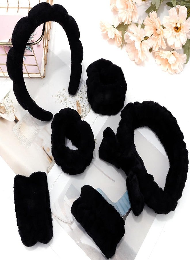 AOPRIE SPA Headbands for Washing Face Makeup Headbands with Bow Hair Band Women Facial Head Band Wrist Towel Wraps For Shower Face Mask Black, 6 Pack - Image 2