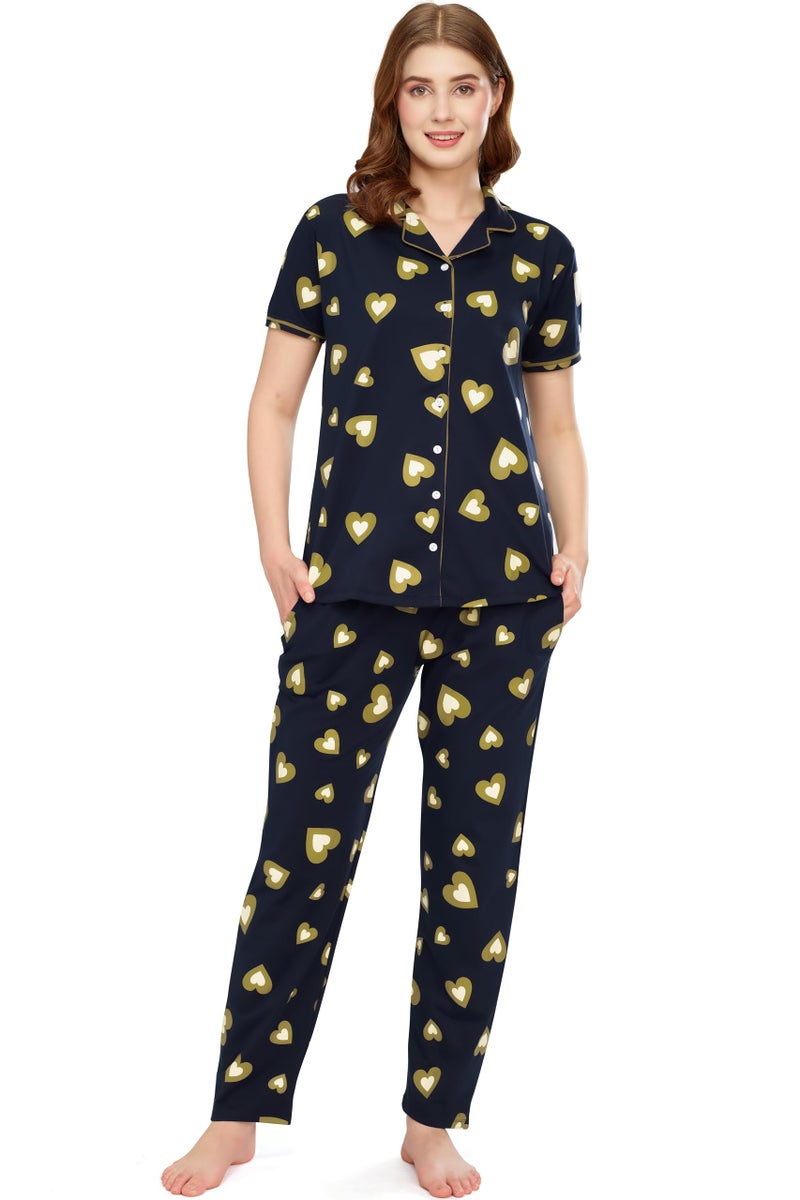 ZEYO Night Suit for Women's Musterd Green Heart Printed Cotton Night Dress of Shirt and Pajama Set 5753 - Image 1