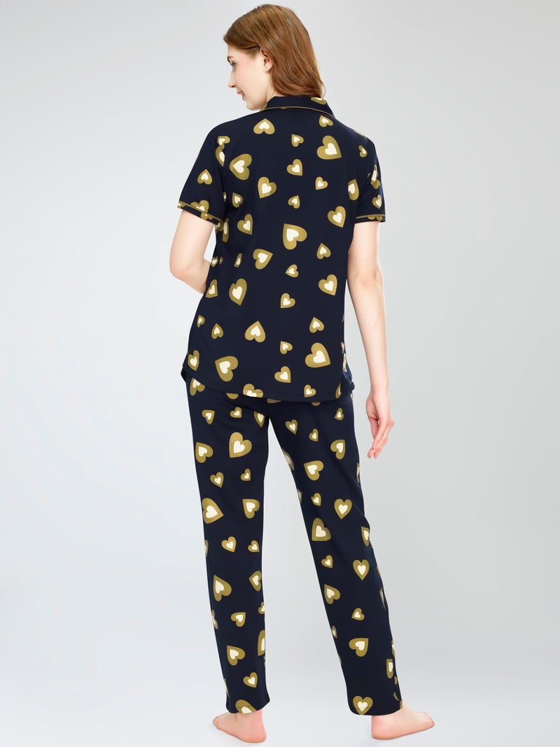 ZEYO Night Suit for Women's Musterd Green Heart Printed Cotton Night Dress of Shirt and Pajama Set 5753 - Image 5