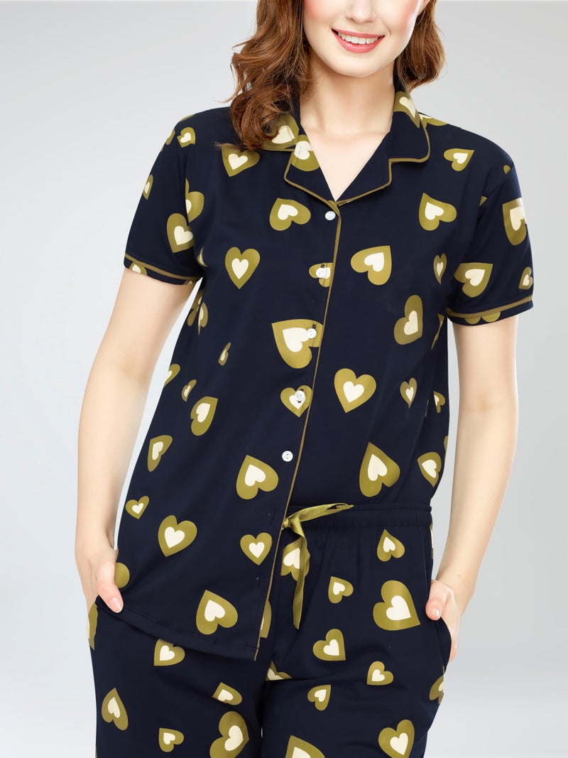 ZEYO Night Suit for Women's Musterd Green Heart Printed Cotton Night Dress of Shirt and Pajama Set 5753 - Image 2