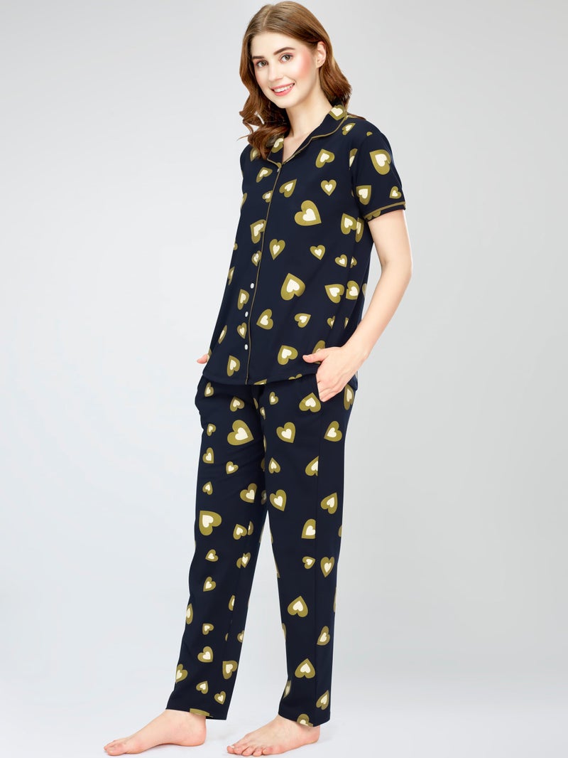 ZEYO Night Suit for Women's Musterd Green Heart Printed Cotton Night Dress of Shirt and Pajama Set 5753 - Image 4