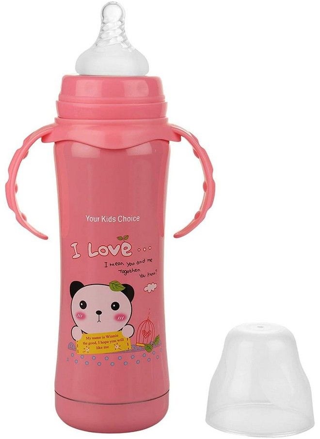 DOMENICO 3 In 1 Baby Feeding Bottle Thermo Steel Multifunctional Sipper Nipple & Straw 240 Ml (For 4+ Month Baby) (Pink Random Print)  - Image 3