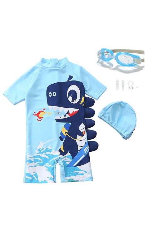 Children's Swimsuit For Boys Dinosaur Design Short Sleeve With Cap One Piece Surfing Suit Baby Swimming Pool Boy Swimsuit