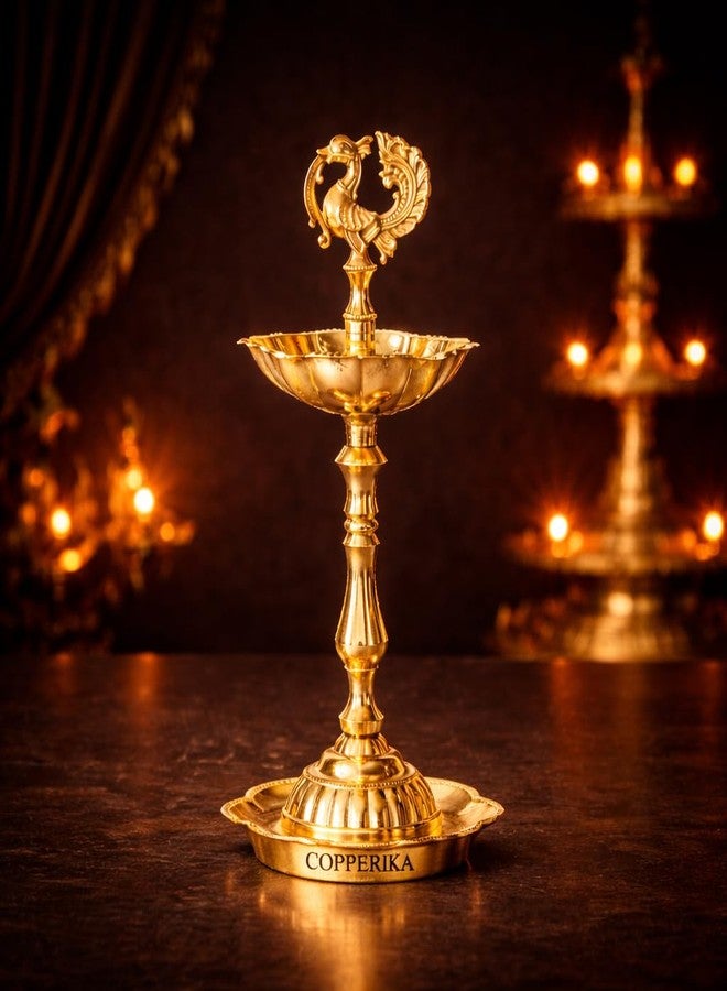 Copperika Embossed Brass Peacock Diya 7Inc Height | 240gm Weight Per Pc | Kuthu Vilakku Mor Decoration Items for Home Decor| Deepam for Pooja Mandir Diwali Indian Puja Ganesh Chaturthi Return Gift - Image 1