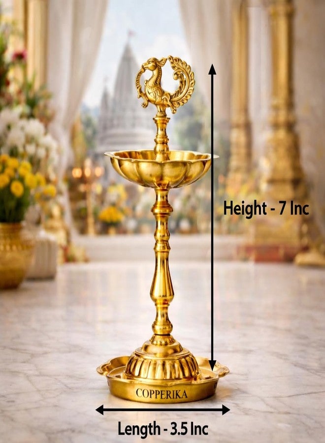 Copperika Embossed Brass Peacock Diya 7Inc Height | 240gm Weight Per Pc | Kuthu Vilakku Mor Decoration Items for Home Decor| Deepam for Pooja Mandir Diwali Indian Puja Ganesh Chaturthi Return Gift - Image 2