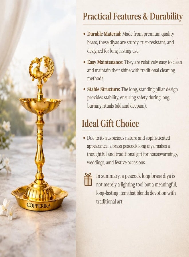 Copperika Embossed Brass Peacock Diya 7Inc Height | 240gm Weight Per Pc | Kuthu Vilakku Mor Decoration Items for Home Decor| Deepam for Pooja Mandir Diwali Indian Puja Ganesh Chaturthi Return Gift - Image 4