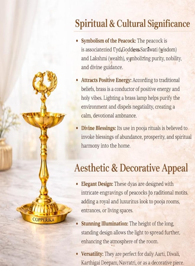 Copperika Embossed Brass Peacock Diya 7Inc Height | 240gm Weight Per Pc | Kuthu Vilakku Mor Decoration Items for Home Decor| Deepam for Pooja Mandir Diwali Indian Puja Ganesh Chaturthi Return Gift - Image 3