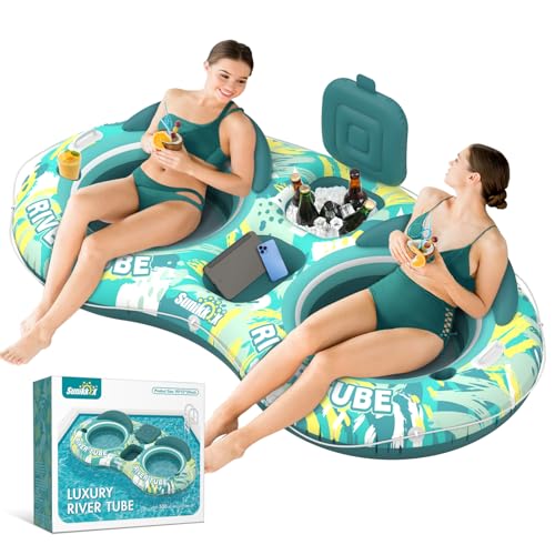 Sunikko X 5in1 Pool Floats Adult Heavy Duty River Tube 2 Person Water Lounge Tanning Pool with Backrests Builtin Cooler Cup Holders Deluxe Pool Toys for Summer Relaxation - Image 1