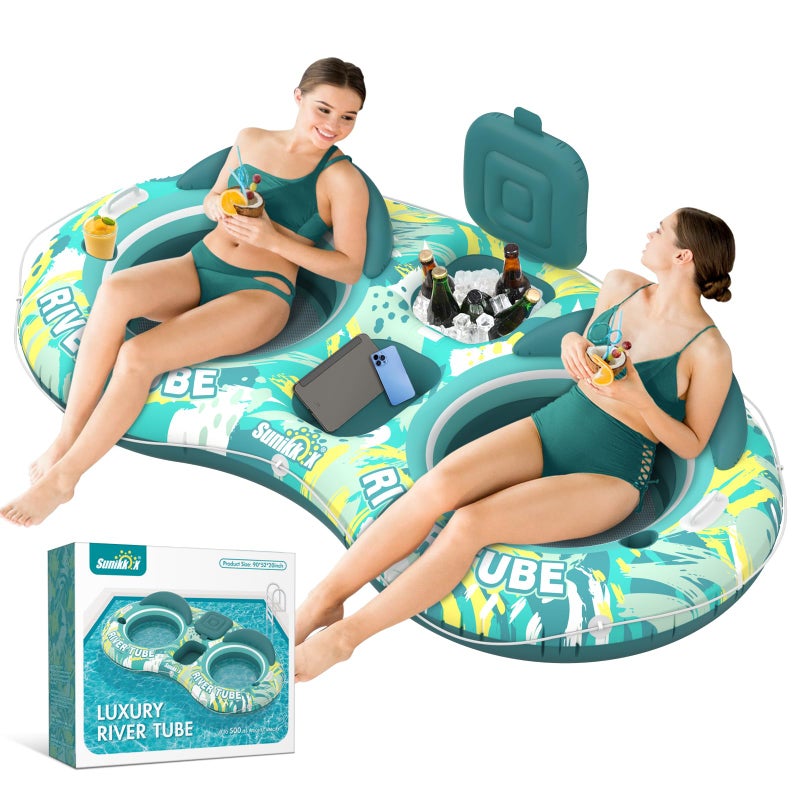 Sunikko X 5in1 Pool Floats Adult Heavy Duty River Tube 2 Person Water Lounge Tanning Pool with Backrests Builtin Cooler Cup Holders Deluxe Pool Toys for Summer Relaxation - Image 2