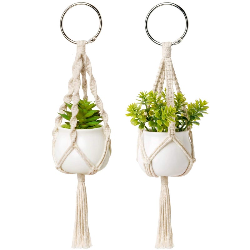 Dahey Mini Macrame Plant Car Accessories Rear View Mirrior Charm Cute Hanging Rearview Car Decor Boho Hanger with Artificial Succulent for Plant Lover 2 Pcs 105 inch White
