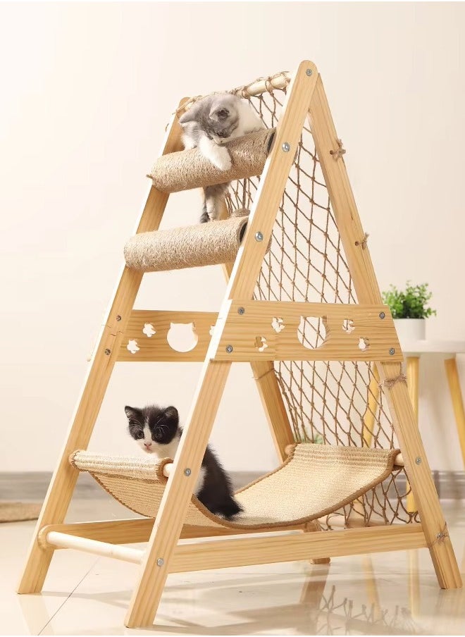 Large Cat Climbing Frame Cat Tree Wooden Cat Nest Jumping Platform Cat Frame Cats Climbing Toys Ladder Design with Cat Sisal Scratch Post Solid Wood Tall Cat Tower Pet Scraching Posts