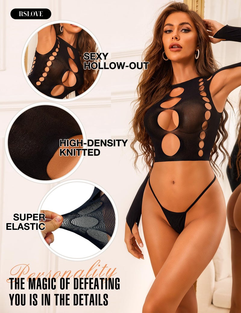 RSLOVE Women Sexy Lingerie Sets Bodysuit Cutout Top Long Sleeve Teddy Exotic Bodystocking Mesh Black - Image 3