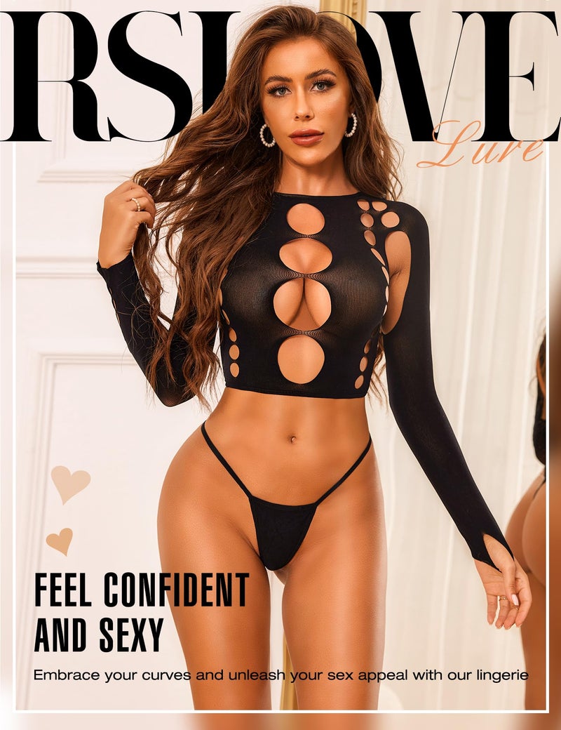 RSLOVE Women Sexy Lingerie Sets Bodysuit Cutout Top Long Sleeve Teddy Exotic Bodystocking Mesh Black - Image 2