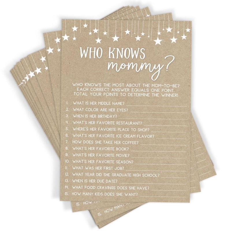 Printed Party Baby Shower Games – Who Knows Mommy Best Game for Boy or Girl, Rustic Kraft Paper Theme, 50 Cards - Image 4