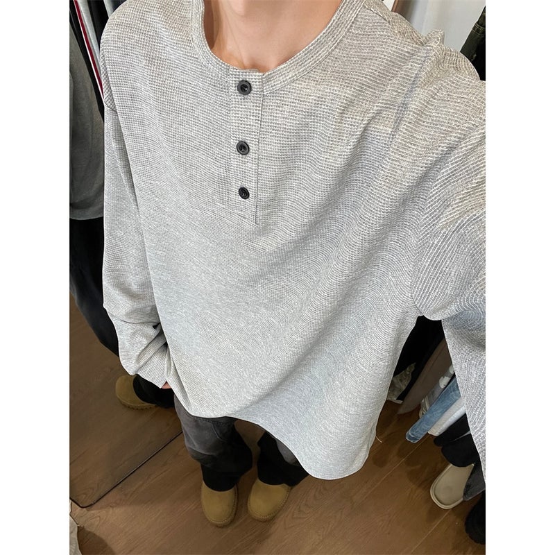 Gray Fake Two-Piece Long-Sleeved Henry Collar T-Shirt For Boys In Autum, Waffle Sweatshirt, Korean Style Inner Layering Shirt - Image 1