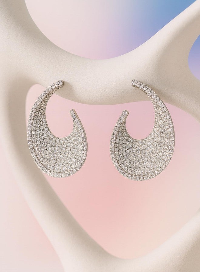 KARATCART Silver-Plated Glamorous Wave-Design American Diamond Stud Earrings for Women - Image 3