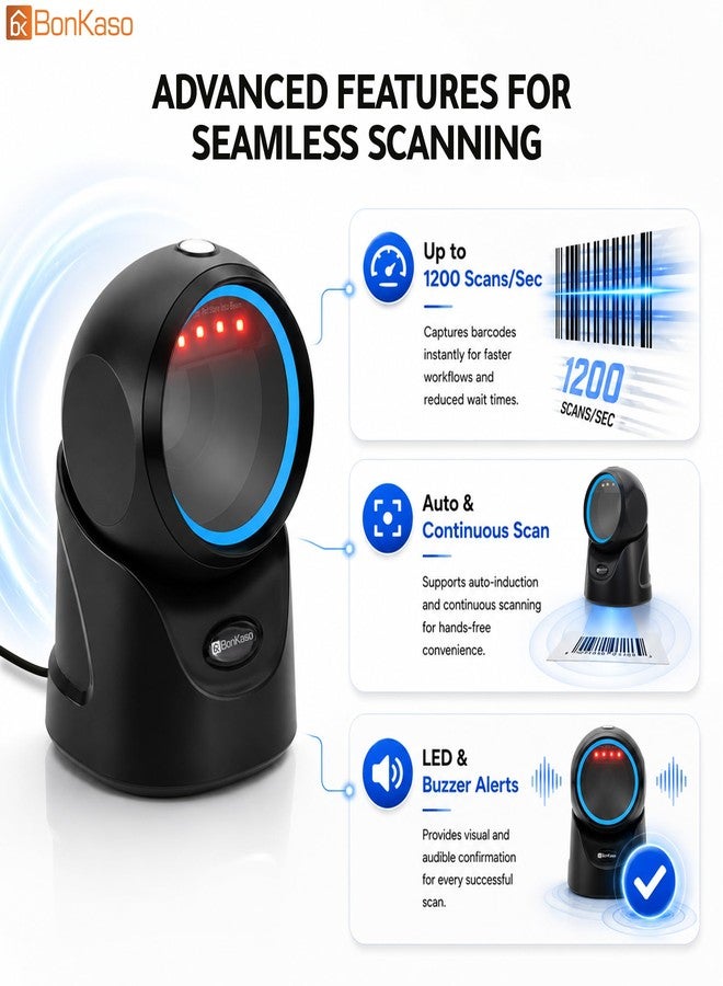BonKaso ماسح ضوئي ثنائي الأبعاد للباركود من BonKaso، يعمل بتقنية التوصيل والتشغيل عبر منفذ USB، قارئ رموز QR أحادي الأبعاد بدون استخدام اليدين للرموز المطبوعة والمعروضة على الشاشة، منصة مسح ضوئي متعددة الاتجاهات لنقاط البيع بالتجزئة والمستودعات والمتاجر الكبرى والصيدليات - Image 2