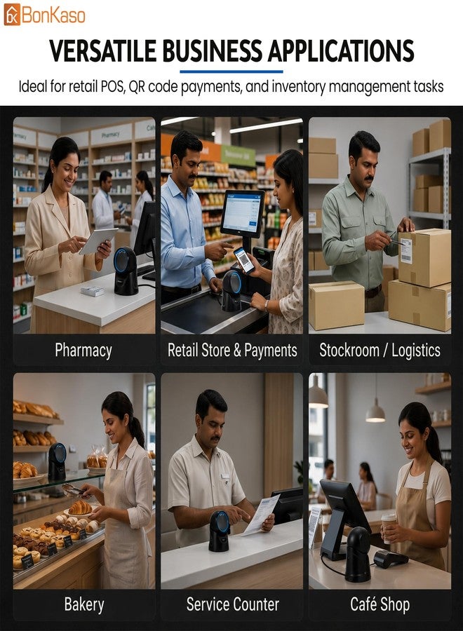 BonKaso ماسح ضوئي ثنائي الأبعاد للباركود من BonKaso، يعمل بتقنية التوصيل والتشغيل عبر منفذ USB، قارئ رموز QR أحادي الأبعاد بدون استخدام اليدين للرموز المطبوعة والمعروضة على الشاشة، منصة مسح ضوئي متعددة الاتجاهات لنقاط البيع بالتجزئة والمستودعات والمتاجر الكبرى والصيدليات - Image 3