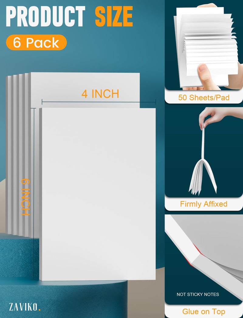 Zaviko Note Pads 4x6, 6 Pack Mini Blank Notepad 4x6, Small Notepads 4x6 Paper Pads, Scratch Pads 4x6 Small Pads of Paper, Memo Pads 4x6, White Server Note Pad Paper, Small Pocket Notebook 4x6, 50 Sheets/Pad - Image 2