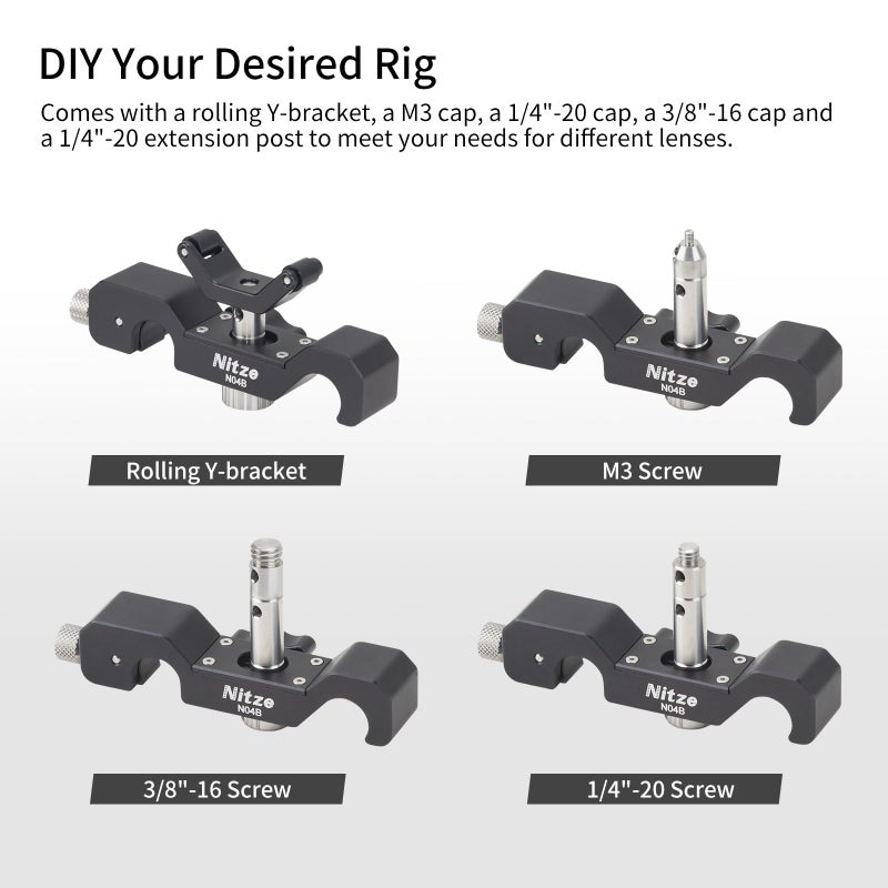 Nitze 15mm Universal Lens Support with Rolling Y-Bracket and 1/4”, 3/8”and M3 Height Extension Posts - N04B - Image 3