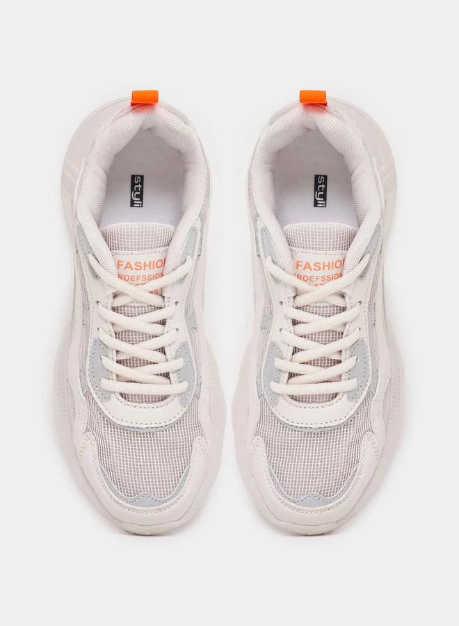 Styli Textured Lace Up Sneakers with Pull Tab