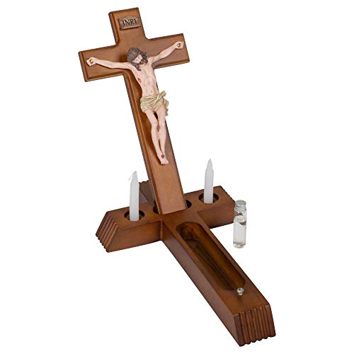 Roman - Sick Call Crucifix Set, 8.5 x 14 Resin Wall Crucifix with Candles and Mini Bottle, 4-Piece Set - Image 1