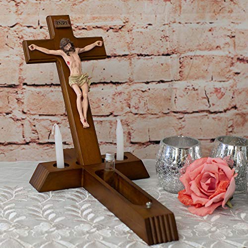 Roman - Sick Call Crucifix Set, 8.5 x 14 Resin Wall Crucifix with Candles and Mini Bottle, 4-Piece Set - Image 2