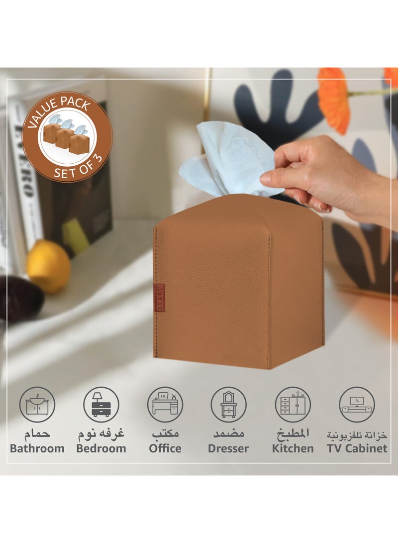 Leather Tissue Box Cover – Home Decorations for Living Room, Bedroom and Office | Car Tissue Holder | Tissue Box Holder for Car | Tissue Box Cover for Car (Caramel Cube - Pack of 3)